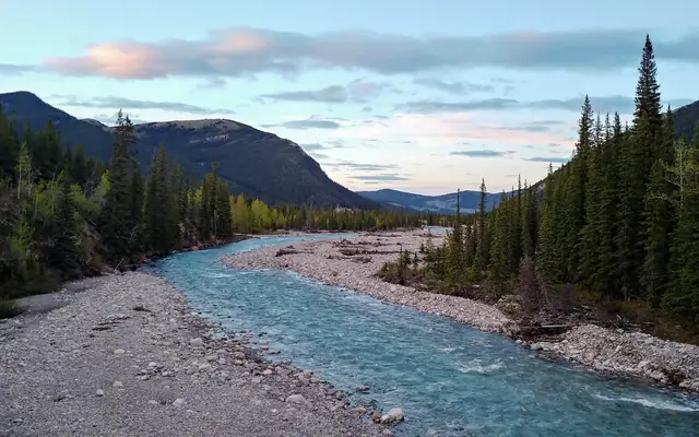 The Little Elbow River in the Bragg Creek area with forested mountains behind