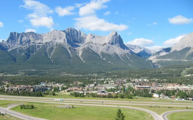 Downtown Canmore beneath the Three Sisters peaks