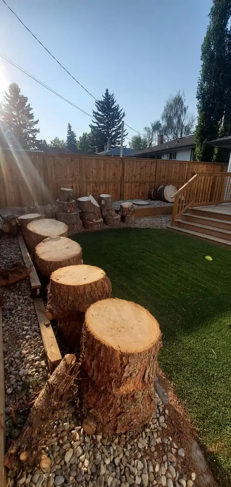 Log rounds lined up beside a clean lawn after a job